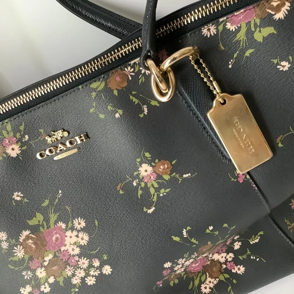 Coach Ava Crossgrain Leather Tote Bag Midnight Blue Delicate Floral Bundle Print